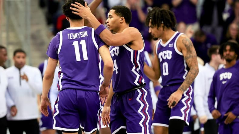 Jan 30, 2024; Fort Worth, Texas, USA;  TCU Horned Frogs guard Trevian Tennyson (11) celebrates with TCU Horned Frogs guard Jameer Nelson Jr. (4) and TCU Horned Frogs guard Micah Peavy (0) during the second half against the Texas Tech Red Raiders at Ed and Rae Schollmaier Arena. Mandatory Credit: Kevin Jairaj-USA TODAY Sports
