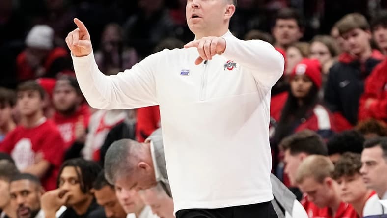 Feb 1, 2024; Columbus, Ohio, USA; Ohio State Buckeyes assistant coach Jake Diebler motions during the first half of the NCAA men   s basketball game against the Illinois Fighting Illini at Value City Arena.
