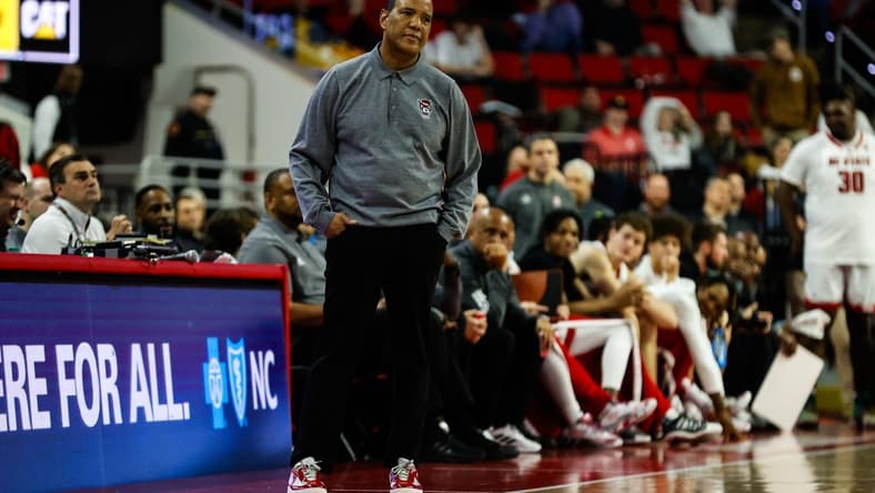 Jan 30, 2024; Raleigh, North Carolina, USA; North Carolina State Wolfpack head coach Kevin Keatts looks on during the second half against Miami (Fl) Hurricanes at PNC Arena. Mandatory Credit: Jaylynn Nash-USA TODAY Sports