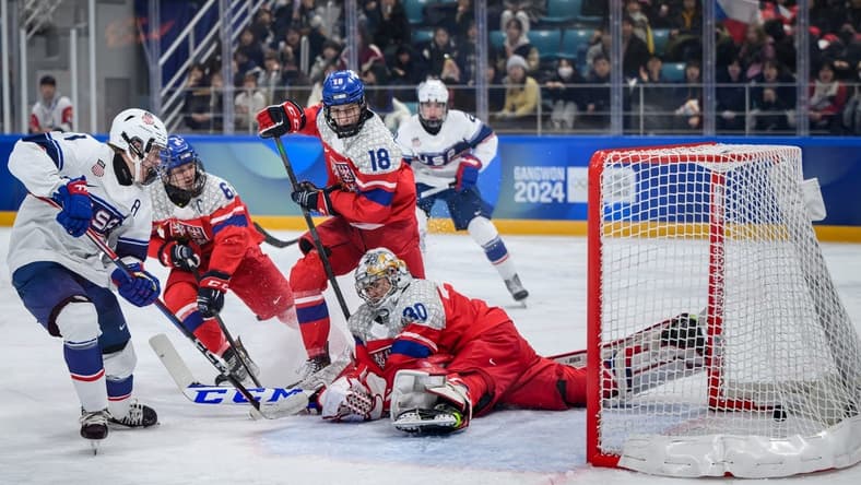 Jan 31, 2024; Gangwon-do, KOR; Mikey Berchild (USA) strikes the puck past goalkeeper Jan Larys (CZE) to score a goal and make it 0-3 in the Ice Hockey Men s 6-on-6 Tournament Gold Medal Game between Czech Republic and (USA) at the Gangneung Hockey Centre. The Winter Youth Olympic Games, Gangwon, South Korea, Wednesday 31 January 2024. Mandatory Credit: OIS/Joe Marklund-USA TODAY Sports