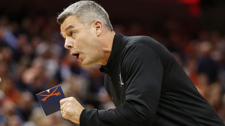 Jan 31, 2024; Charlottesville, Virginia, USA; Virginia Cavaliers head coach Tony Bennett questions a call against the Notre Dame Fighting Irish during the first half at John Paul Jones Arena. Mandatory Credit: Amber Searls-USA TODAY Sports