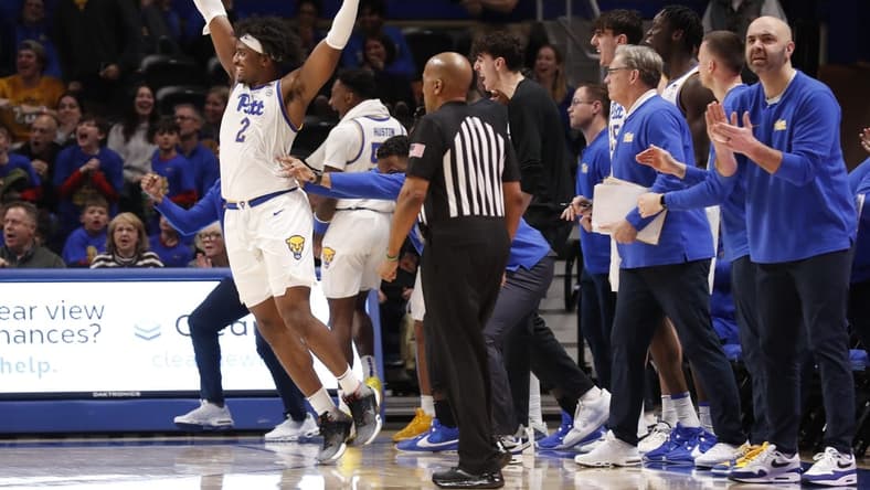 Jan 31, 2024; Pittsburgh, Pennsylvania, USA; Pittsburgh Panthers forward Blake Hinson (2) celebrates a three point basket in front of the PITT bench against the Wake Forest Demon Deacons during the second half at the Petersen Events Center. Pittsburgh won 77-72. Mandatory Credit: Charles LeClaire-USA TODAY Sports