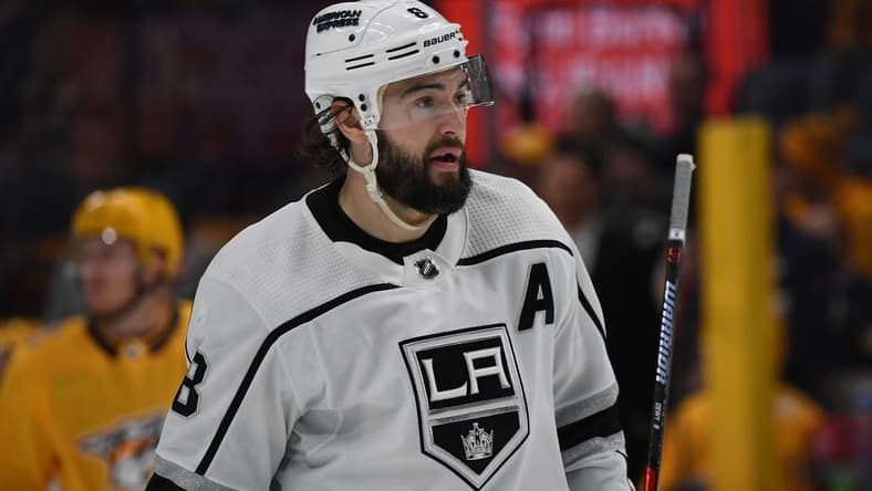 Jan 31, 2024; Nashville, Tennessee, USA; Los Angeles Kings defenseman Drew Doughty (8) skates during a stoppage during the third period against the Nashville Predators at Bridgestone Arena. Mandatory Credit: Christopher Hanewinckel-USA TODAY Sports