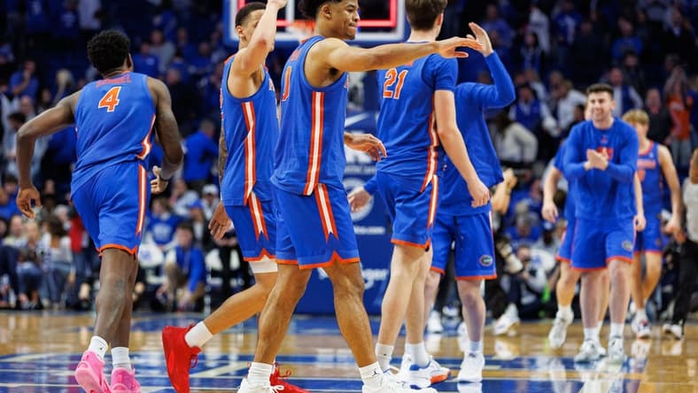 Jan 31, 2024; Lexington, Kentucky, USA; Florida Gators guard Zyon Pullin (0) walks off the court after the game against the Kentucky Wildcats at Rupp Arena at Central Bank Center. Mandatory Credit: Jordan Prather-USA TODAY Sports