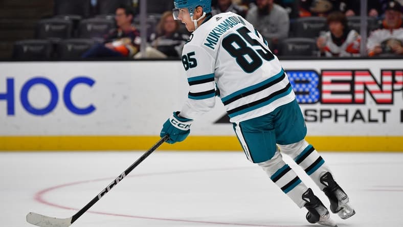 Jan 31, 2024; Anaheim, California, USA; San Jose Sharks defenseman Shakir Mukhamadullin (85) controls the puck against the Anaheim Ducks during the overtime period at Honda Center. Mandatory Credit: Gary A. Vasquez-USA TODAY Sports