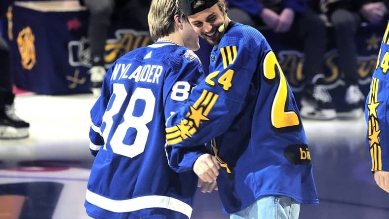 Feb 1, 2024; Toronto, Ontario, CANADA; Team Matthews celebrity Justin Bieber selects Toronto Maple Leafs forward William Nylander during the NHL All-Star Player Draft on NHL All-Star Thursday at Scotiabank Arena. Mandatory Credit: John E. Sokolowski-USA TODAY Sports