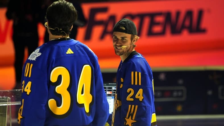 Feb 1, 2024; Toronto, Ontario, CANADA; Team Matthews celebrity coach Justin Bieber (24) talks to Team Matthews captain Auston Matthews during the NHL All-Star Player Draft on NHL All-Star Thursday at Scotiabank Arena. Mandatory Credit: John E. Sokolowski-USA TODAY Sports