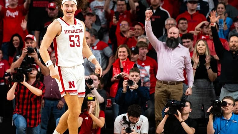 Feb 1, 2024; Lincoln, Nebraska, USA; Nebraska Cornhuskers forward Josiah Allick (53) celebrates as the Cornhuskers defeat the Wisconsin Badgers in overtime at Pinnacle Bank Arena. Mandatory Credit: Dylan Widger-USA TODAY Sports