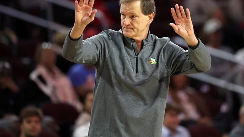 Feb 1, 2024; Los Angeles, California, USA; Oregon Ducks head coach Dana Altman reacts a play during the first half against the USC Trojans at Galen Center. Mandatory Credit: Kiyoshi Mio-USA TODAY Sports