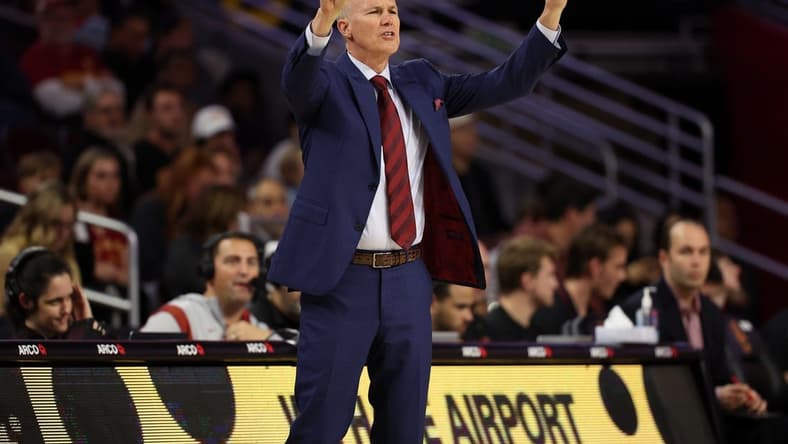Feb 1, 2024; Los Angeles, California, USA; USC Trojans head coach Andy Enfield calls a play during the first half against the Oregon Ducks at Galen Center. Mandatory Credit: Kiyoshi Mio-USA TODAY Sports