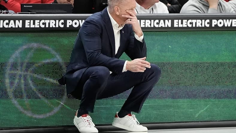 Nov 15, 2023; Columbus, OH, USA; Ohio State Buckeyes head coach Chris Holtmann reacts during the second half of the NCAA men s basketball game against the Merrimack College Warriors at Value City Arena. Ohio State won 76-52.