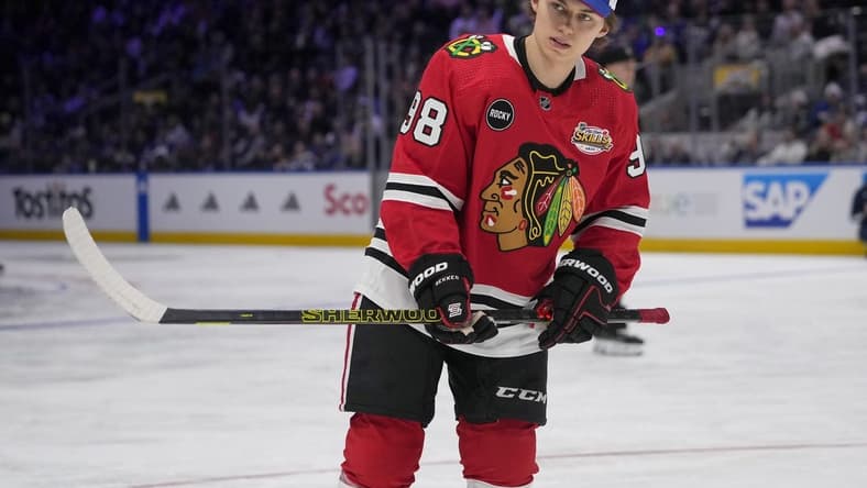 Feb 2, 2024; Toronto, Ontario, CANADA; Chicago Blackhawks center Connor Bedard during the one-timer competition during the NHL All-Star Skills Competition at Scotiabank Arena. Mandatory Credit: John E. Sokolowski-USA TODAY Sports