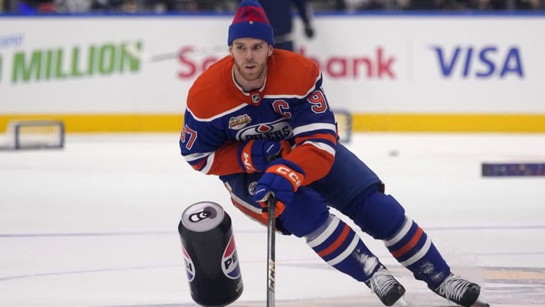 Feb 2, 2024; Toronto, Ontario, CANADA; Edmonton Oilers center Connor McDavid (97) competes in the obstacle course during the NHL All-Star Skills Competition at Scotiabank Arena. Mandatory Credit: John E. Sokolowski-USA TODAY Sports
