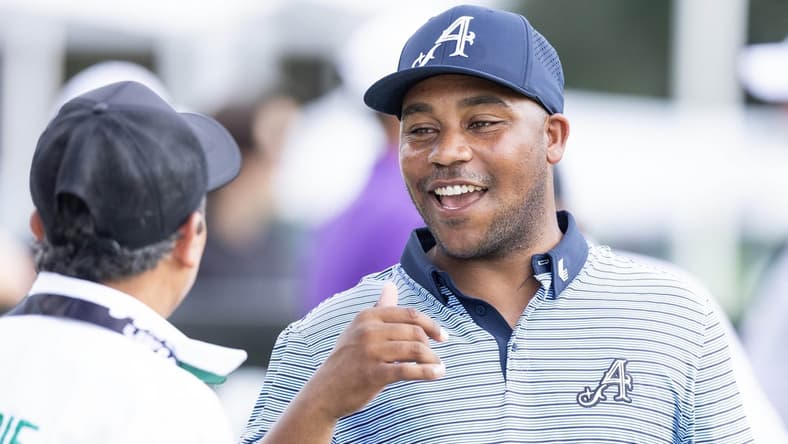 Feb 3, 2024; Playa del Carmen, Quintana Roo, MEX; Team Aces player Harold Varner III with local Mayakoba caddie David Tukan before the second round of the LIV Golf Mayakoba tournament at El Chamaleon Golf Course. Mandatory Credit: Erich Schlegel-USA TODAY Sports