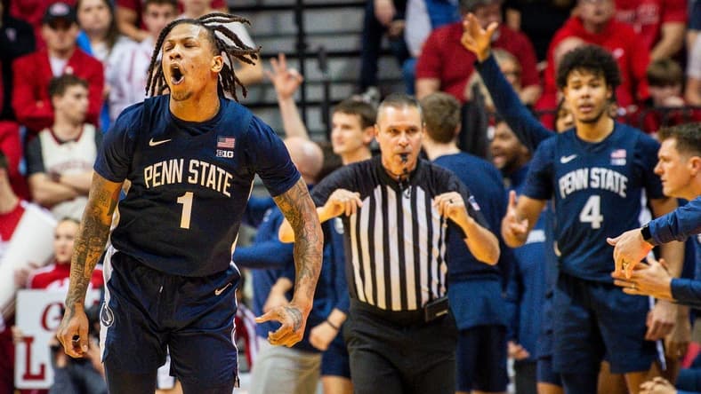 Penn State's Ace Baldwin Jr. (1) celebrates his three-pointer during the second half of the Indiana versus Penn State men's basketball game at Simon Skjodt Assembly Hall on Saturday, Feb. 3, 2024.