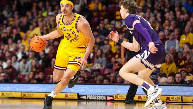 Feb 3, 2024; Minneapolis, Minnesota, USA; Minnesota Golden Gophers forward Dawson Garcia (3) works around Northwestern Wildcats forward Nick Martinelli (2) during the first half at Williams Arena. Mandatory Credit: Matt Krohn-USA TODAY Sports