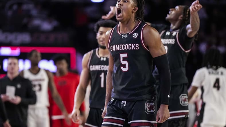 Feb 3, 2024; Athens, Georgia, USA; South Carolina Gamecocks guard Meechie Johnson (5) reacts after defeating the Georgia Bulldogs at Stegeman Coliseum. Mandatory Credit: Dale Zanine-USA TODAY Sports