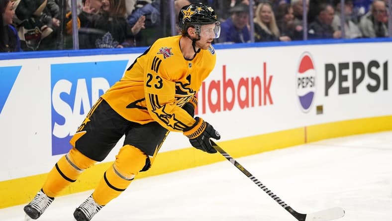 Feb 3, 2024; Toronto, Ontario, CAN; Team MacKinnon center Elias Lindholm (23) of the Vancouver Canucks moves the puck in the 2024 NHL All-Star Game at Scotiabank Arena. Mandatory Credit: John E. Sokolowski-USA TODAY Sports