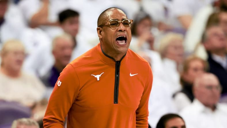 Feb 3, 2024; Fort Worth, Texas, USA; Texas Longhorns head coach Rodney Terry reacts during the game against the TCU Horned Frogs at Ed and Rae Schollmaier Arena. Mandatory Credit: Kevin Jairaj-USA TODAY Sports