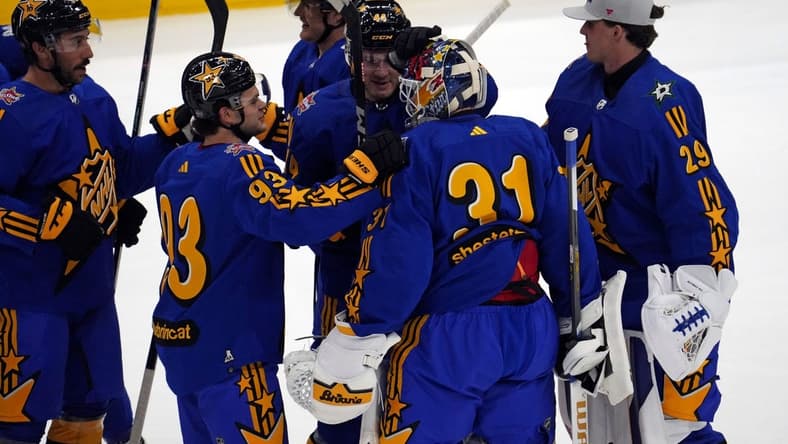 Feb 3, 2024; Toronto, Ontario, CAN; Team Matthews celebrates after beating Team Hughes in the 2024 NHL All-Star Game at Scotiabank Arena. Mandatory Credit: John E. Sokolowski-USA TODAY Sports