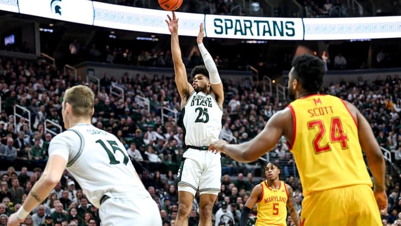 Michigan State's Malik Hall scores against Maryland during the first half on Saturday, Feb. 3, 2024, at the Breslin Center in East Lansing.