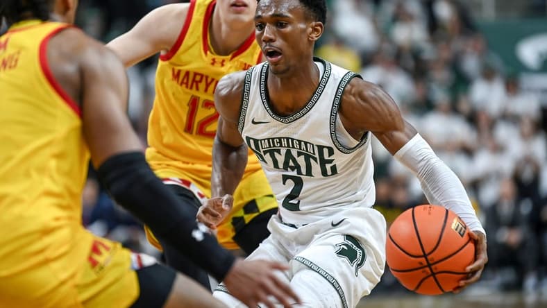 Michigan State's Tyson Walker moves the ball against Maryland during the second half on Saturday, Feb. 3, 2024, at the Breslin Center in East Lansing.