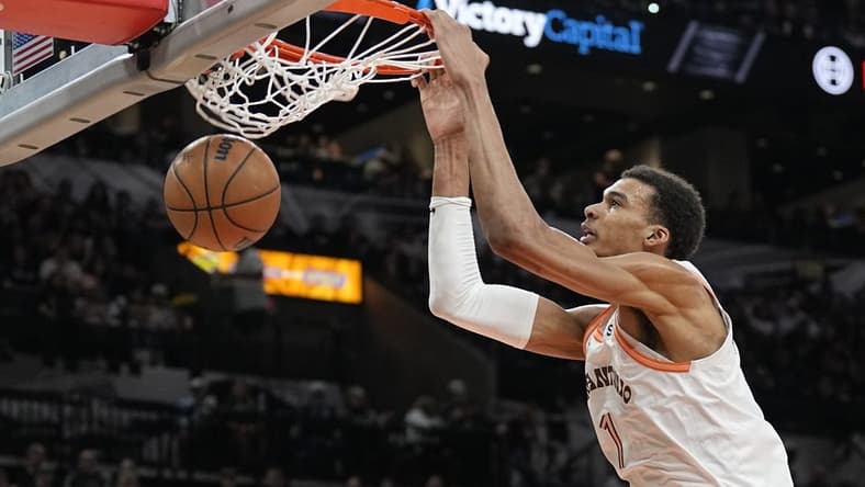 Feb 3, 2024; San Antonio, Texas, USA; San Antonio Spurs forward Victor Wembanyama (1) dunks during the first half against the Cleveland Cavaliers at Frost Bank Center. Mandatory Credit: Scott Wachter-USA TODAY Sports