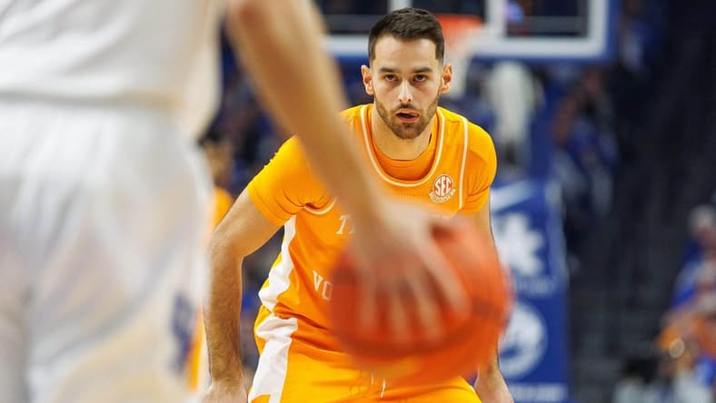 Feb 3, 2024; Lexington, Kentucky, USA; Tennessee Volunteers guard Santiago Vescovi (25) defends during the first half against the Kentucky Wildcats at Rupp Arena at Central Bank Center. Mandatory Credit: Jordan Prather-USA TODAY Sports