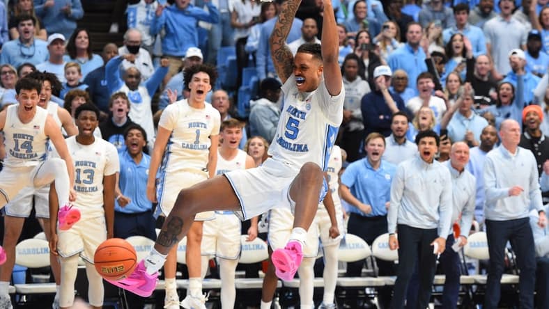 Feb 3, 2024; Chapel Hill, North Carolina, USA; North Carolina Tar Heels forward Armando Bacot (5) scores in the second half at Dean E. Smith Center. Mandatory Credit: Bob Donnan-USA TODAY Sports