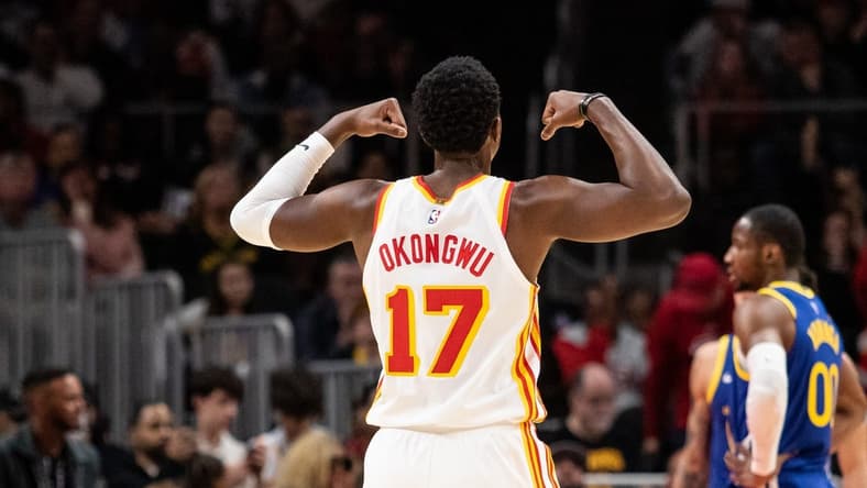Feb 3, 2024; Atlanta, Georgia, USA; Atlanta Hawks forward Onyeka Okongwu (17) celebrates shot against Golden State Warriors during the third quarter at State Farm Arena. Mandatory Credit: Jordan Godfree-USA TODAY Sports