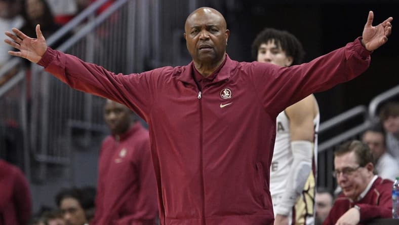 Feb 3, 2024; Louisville, Kentucky, USA; Florida State Seminoles head coach Leonard Hamilton reacts to a call during the second half against the Louisville Cardinals at KFC Yum! Center. Louisville defeated Florida State 101-92. Mandatory Credit: Jamie Rhodes-USA TODAY Sports