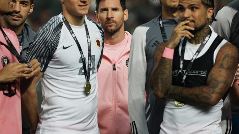 [US, Mexico & Canada customers only] Feb 4, 2024; Hong Kong, HONG KONG; Inter Miami players Lionel Messi, Julian Gressel, Luis Suarez and DeAndre Yedlin during the trophy presentation after a preseason friendly soccer match against Hong Kong XI at Hong Kong Stadium. Mandatory Credit: Lam Yik/Reuters via USA TODAY Sports