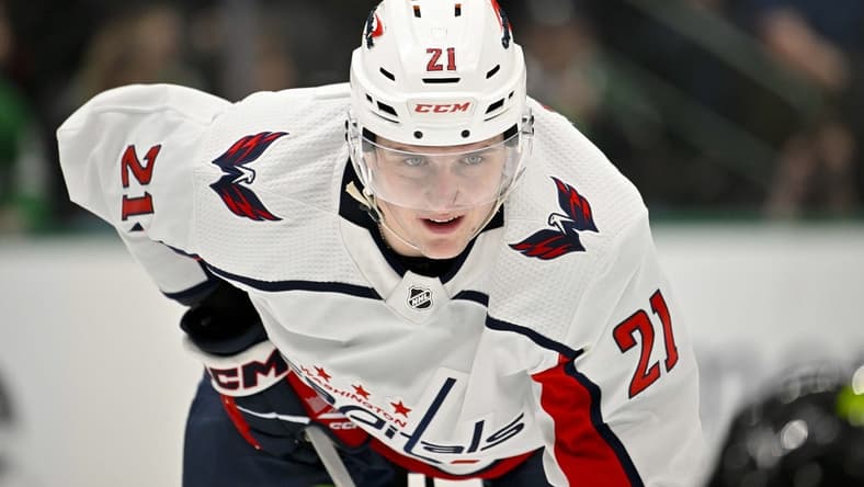 Jan 27, 2024; Dallas, Texas, USA; Washington Capitals center Aliaksei Protas (21) during the game between the Dallas Stars and the Washington Capitals at the American Airlines Center. Mandatory Credit: Jerome Miron-USA TODAY Sports