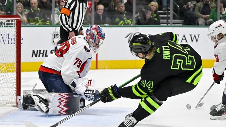 Jan 27, 2024; Dallas, Texas, USA; Washington Capitals goaltender Charlie Lindgren (79) and Dallas Stars center Roope Hintz (24) in action during the game between the Dallas Stars and the Washington Capitals at the American Airlines Center. Mandatory Credit: Jerome Miron-USA TODAY Sports