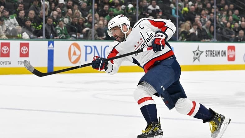 Jan 27, 2024; Dallas, Texas, USA; Washington Capitals left wing Alex Ovechkin (8) in action during the game between the Dallas Stars and the Washington Capitals at the American Airlines Center. Mandatory Credit: Jerome Miron-USA TODAY Sports
