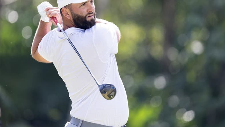 Feb 4, 2024; Playa del Carmen, Quintana Roo, MEX; Jon Rahm of Team Legion XIII tees off on #7 during the final round of the LIV Golf Mayakoba tournament at El Chamaleon Golf Course. Mandatory Credit: Erich Schlegel-USA TODAY Sports