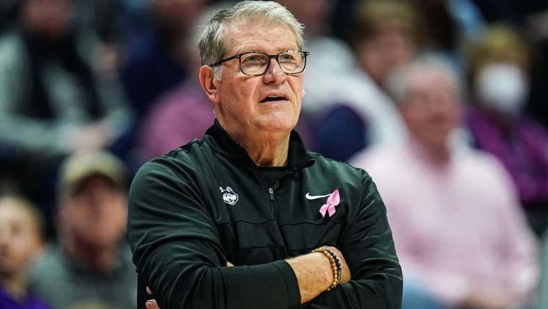 Feb 4, 2024; Storrs, Connecticut, USA; UConn Huskies head coach Geno Auriemma watches from the sidelines they take on the St. John's Red Storm at Harry A. Gampel Pavilion. Mandatory Credit: David Butler II-USA TODAY Sports