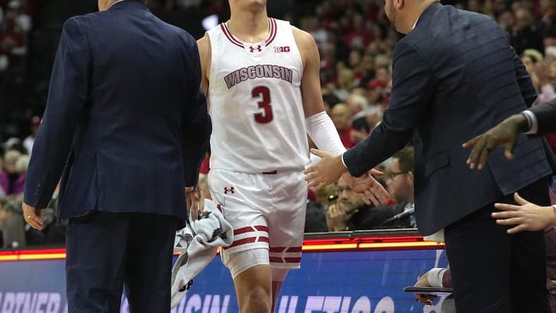 Wisconsin guard Connor Essegian (3) takes a break during the second half of their game Sunday, February 4, 2024 at the Kohl Center in Madison, Wisconsin. Purdue beat Wisconsin 75-69.