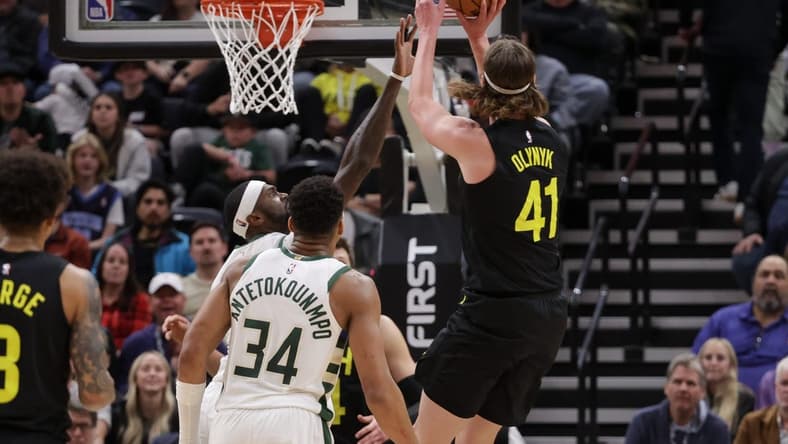 Feb 4, 2024; Salt Lake City, Utah, USA; Utah Jazz forward Kelly Olynyk (41) shoots the ball during the second half against the Milwaukee Bucks at Delta Center. Mandatory Credit: Chris Nicoll-USA TODAY Sports