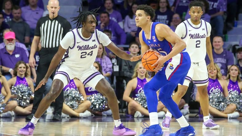 Feb 5, 2024; Manhattan, Kansas, USA; Kansas Jayhawks guard Kevin McCullar Jr. (15) is guarded by Kansas State Wildcats forward Arthur Maluma (24) during the first half at Bramlage Coliseum. Mandatory Credit: Scott Sewell-USA TODAY Sports