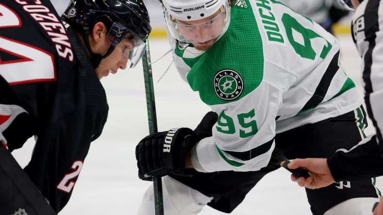 Feb 6, 2024; Buffalo, New York, USA; Buffalo Sabres center Dylan Cozens (24) and Dallas Stars center Matt Duchene (95) wait for the face-off during the first period at KeyBank Center. Mandatory Credit: Timothy T. Ludwig-USA TODAY Sports