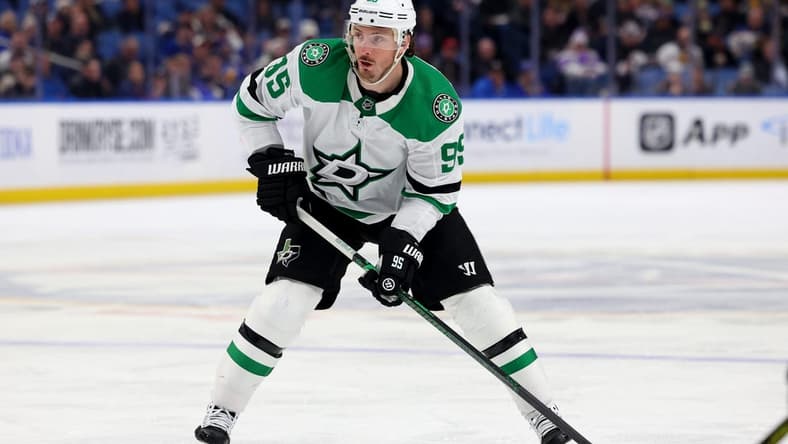 Feb 6, 2024; Buffalo, New York, USA; Dallas Stars center Matt Duchene (95) looks to make a pass during the third period against the Buffalo Sabres at KeyBank Center. Mandatory Credit: Timothy T. Ludwig-USA TODAY Sports