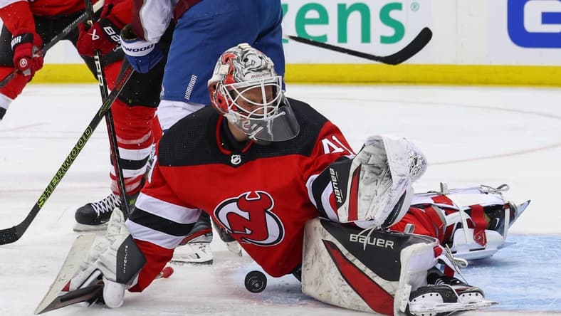 Feb 6, 2024; Newark, New Jersey, USA; New Jersey Devils goaltender Vitek Vanecek (41) makes a save against the Colorado Avalanche during the third period at Prudential Center. Mandatory Credit: Ed Mulholland-USA TODAY Sports