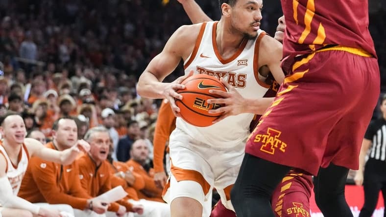 Texas Longhorns forward Dylan Disu (1) looks to pass to a teammate during the game against Iowa State at the Moody center in Austin, Texas Tuesday, Feb. 6, 2024.