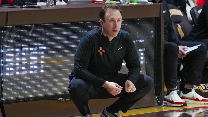 Feb 6, 2024; Laramie, Wyoming, USA; New Mexico Lobos head coach Richard Pitino reacts against the Wyoming Cowboys during the second half at Arena-Auditorium. Mandatory Credit: Troy Babbitt-USA TODAY Sports