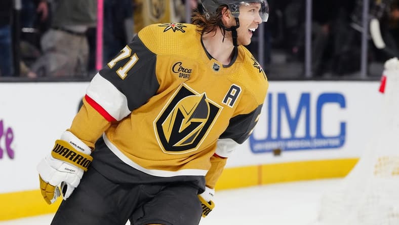 Feb 6, 2024; Las Vegas, Nevada, USA; Vegas Golden Knights center William Karlsson (71) celebrates after scoring an empty net goal against the Edmonton Oilers during the third period at T-Mobile Arena. Mandatory Credit: Stephen R. Sylvanie-USA TODAY Sports