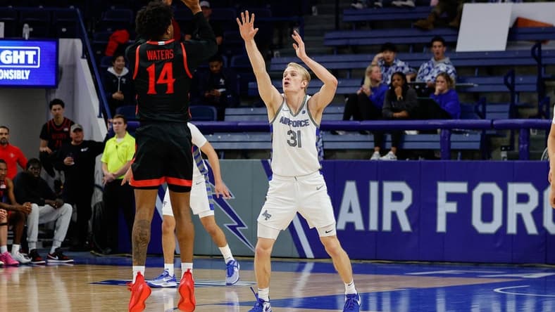 Feb 6, 2024; Colorado Springs, Colorado, USA; San Diego State Aztecs guard Reese Waters (14) attempts a shot as Air Force Falcons forward Rytis Petraitis (31) defends in the second half at Clune Arena. Mandatory Credit: Isaiah J. Downing-USA TODAY Sports