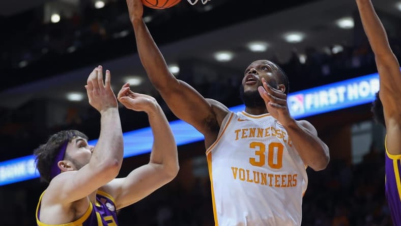 Feb 7, 2024; Knoxville, Tennessee, USA; Tennessee Volunteers guard Josiah-Jordan James (30) goes to the basket against the LSU Tigers during the first half at Thompson-Boling Arena at Food City Center. Mandatory Credit: Randy Sartin-USA TODAY Sports