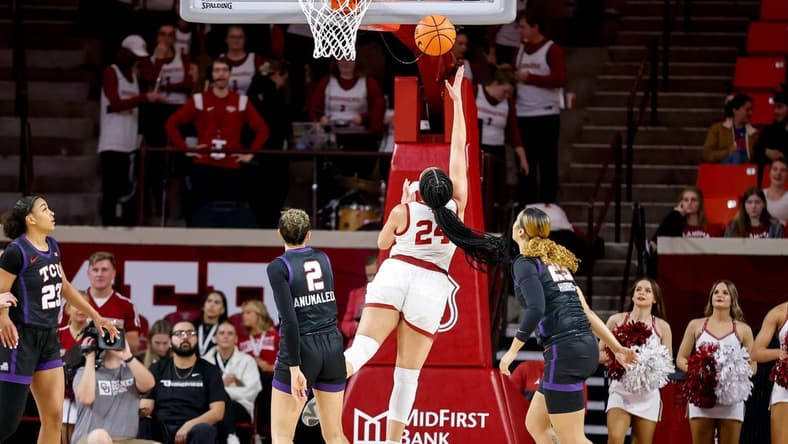 Oklahoma forward Skylar Vann (24) lays up the ball in the first quarter during an NCAA basketball game between University of Oklahoma (OU) and Texas Christian University (TCU) at Lloyd Noble Center in Norman, Okla., on Wednesday, Feb. 7, 2024.