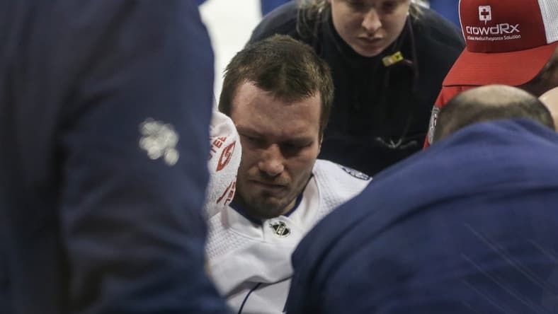 Feb 7, 2024; New York, New York, USA; Tampa Bay Lightning defenseman Mikhail Sergachev (98) reacts after suffering an injury in the second period against the New York Rangers at Madison Square Garden. Mandatory Credit: Wendell Cruz-USA TODAY Sports